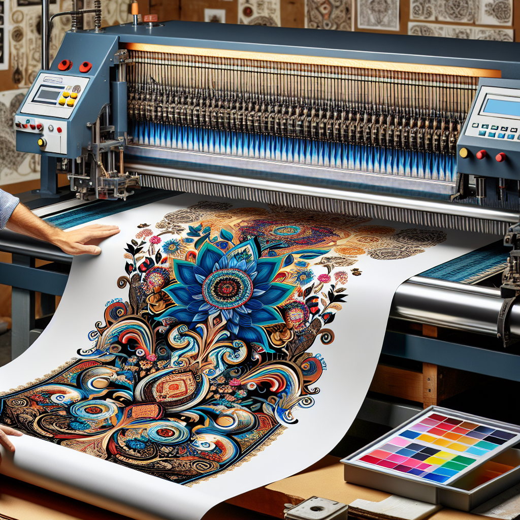 Realistic image of custom DTF transfer printing process in a professional workshop with detailed and vibrant design being transferred onto fabric.